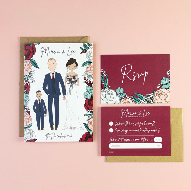 Wedding invitation and rsvp card with hand drawn illustration of a bride and groom on the front with drawings of flowers around the edges.  Laid on a pink surface.